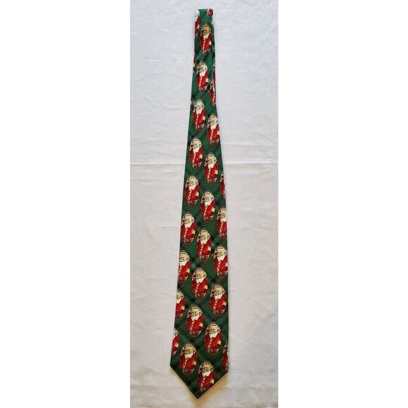 Vintage Green Plaid FN Santa Christmas Holiday Silk Necktie Dominican Republic - Picture 1 of 8